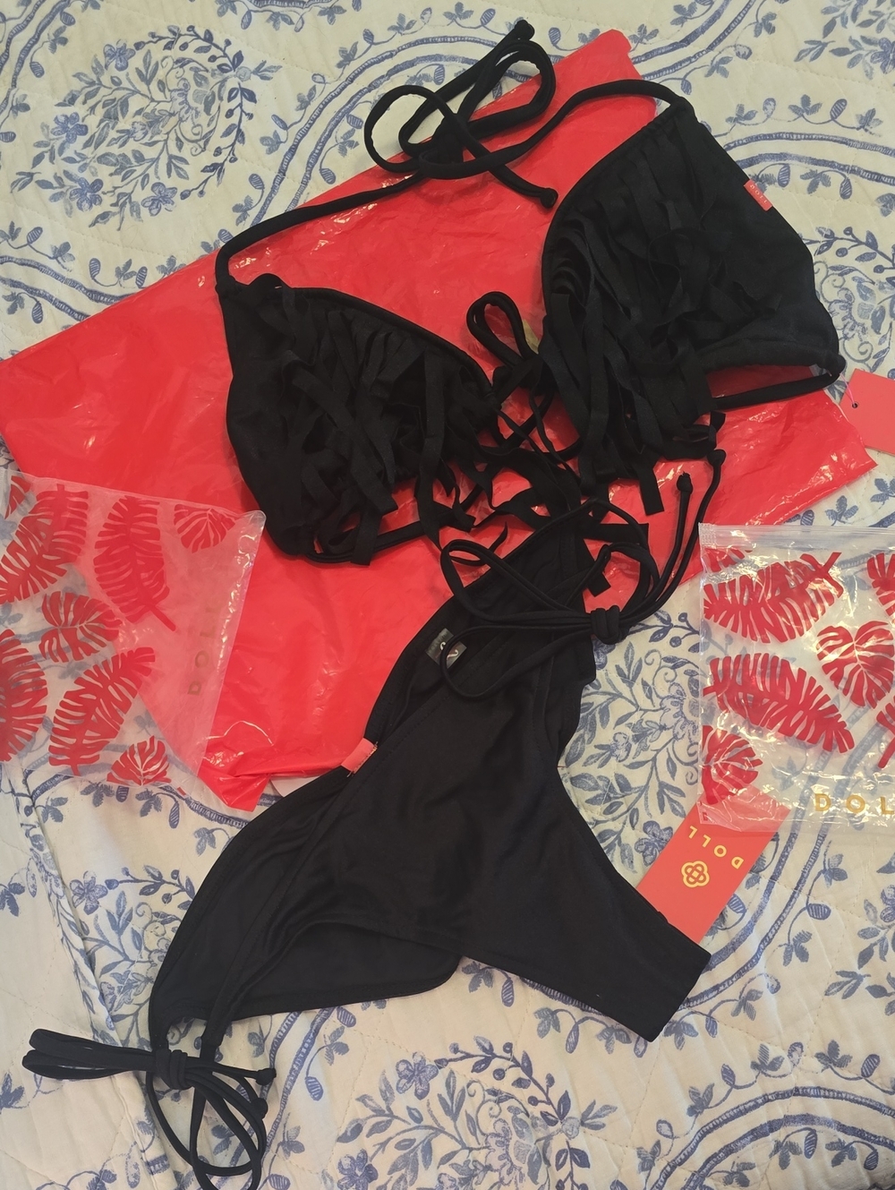 Doll Swimwear Black Fringe Triangle Top Tie-Side Scrunch Bott Bikini Set NWT